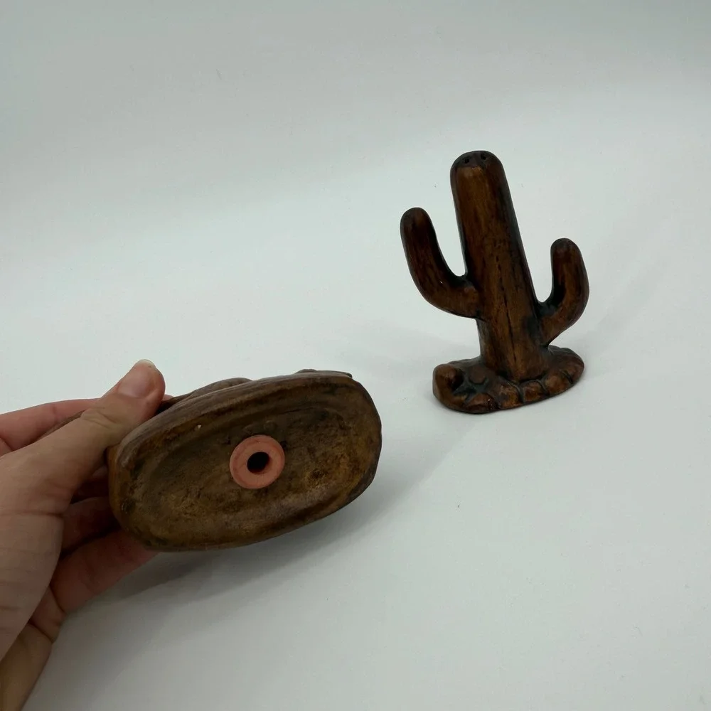 Vintage Carlsbad Caverns NM Roadrunner Cactus Salt Pepper Shakers USA Brown
